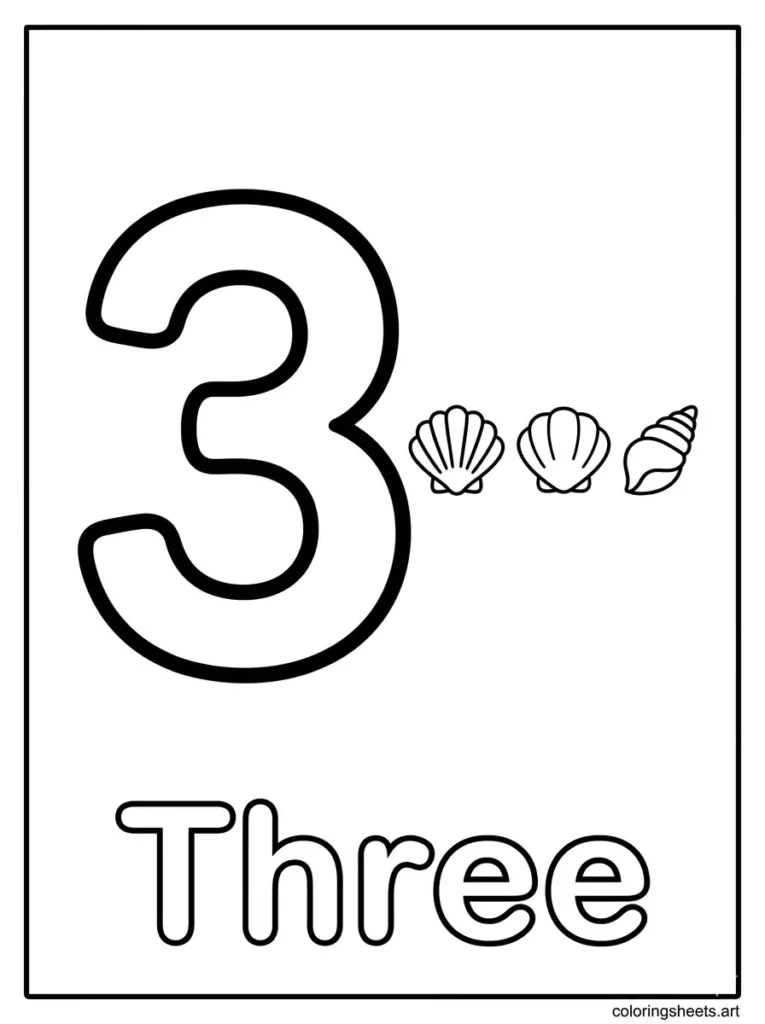 Number 3 with three seashells coloring sheet for toddlers