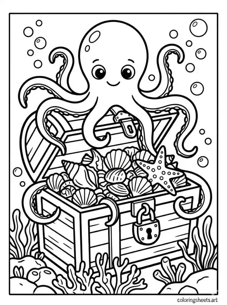 Octopus guarding a treasure of seashells coloring page for kids