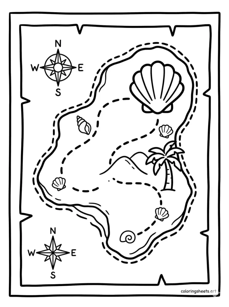 Pirate map with seashell markers coloring page free printable