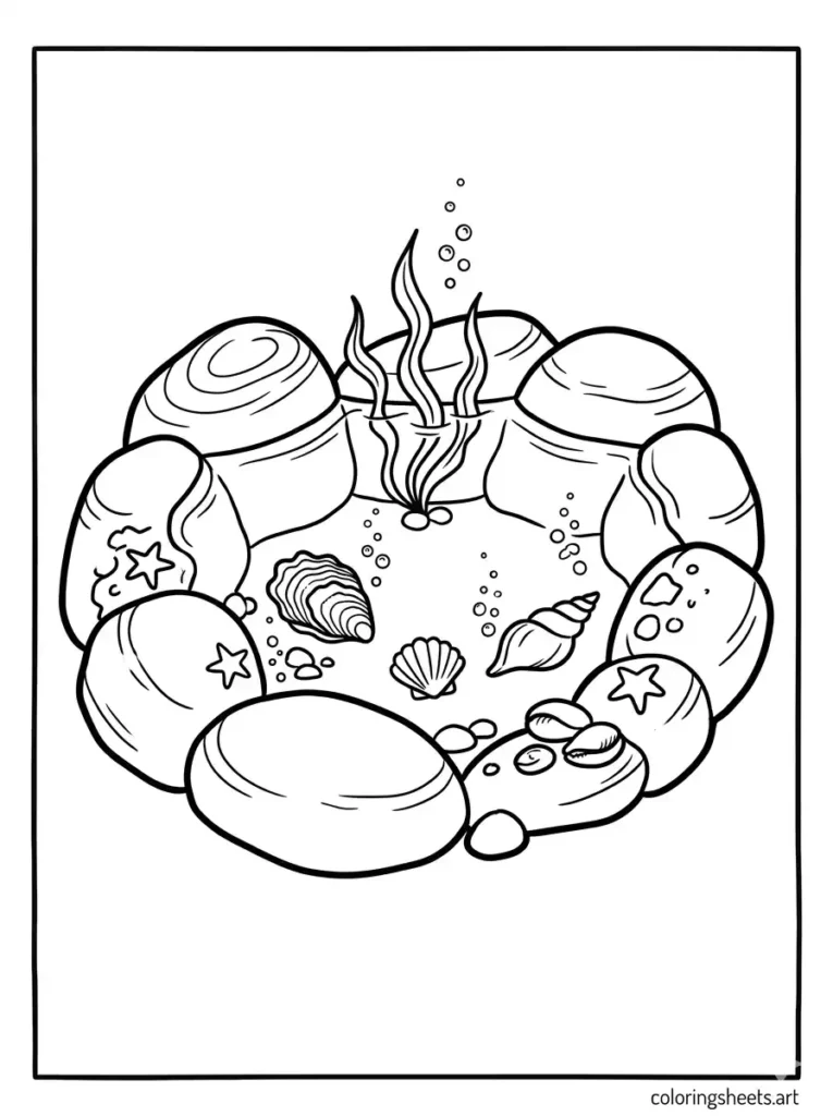 Seashells in a rock pool coloring page free printable