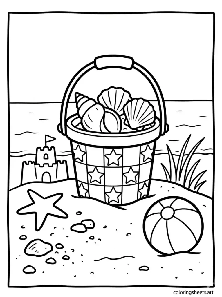 Seashells in a sand bucket on the beach coloring page