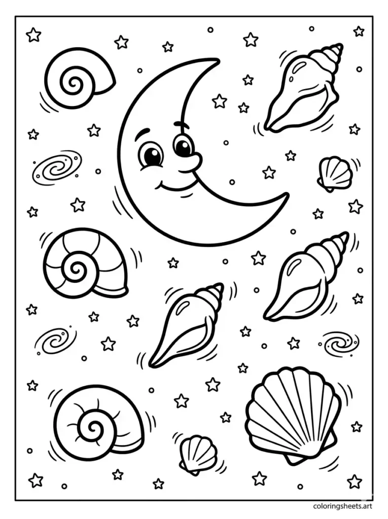 Seashells floating under a starry night coloring sheet free printable