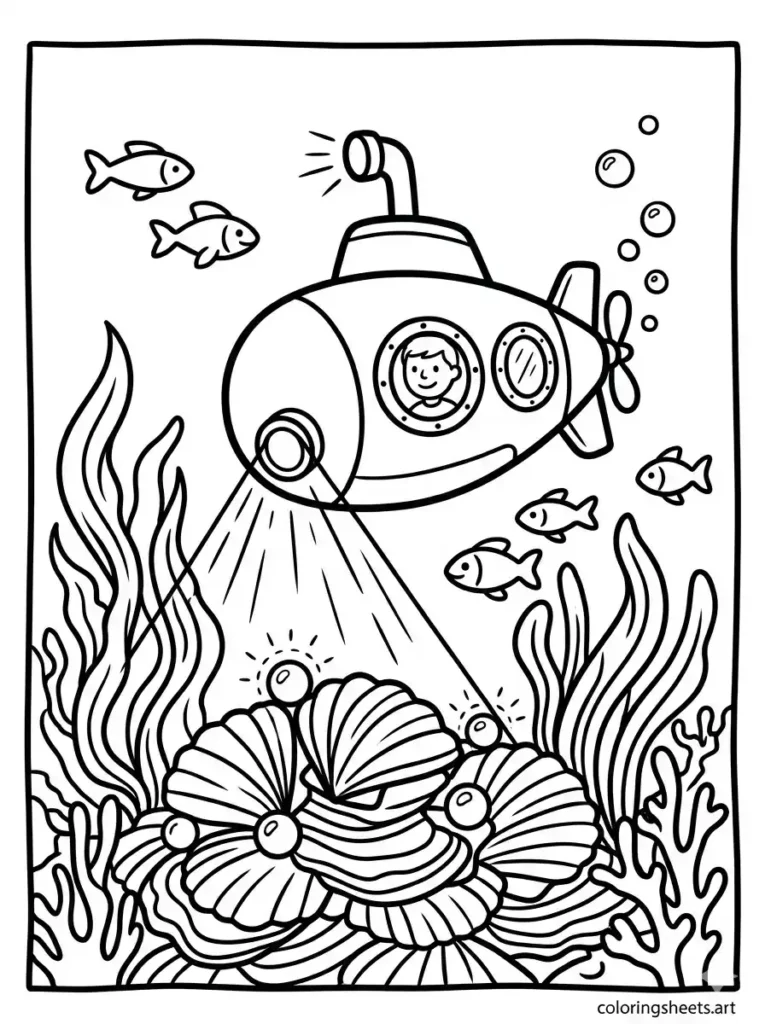 Submarine finding seashell treasure coloring page for kids