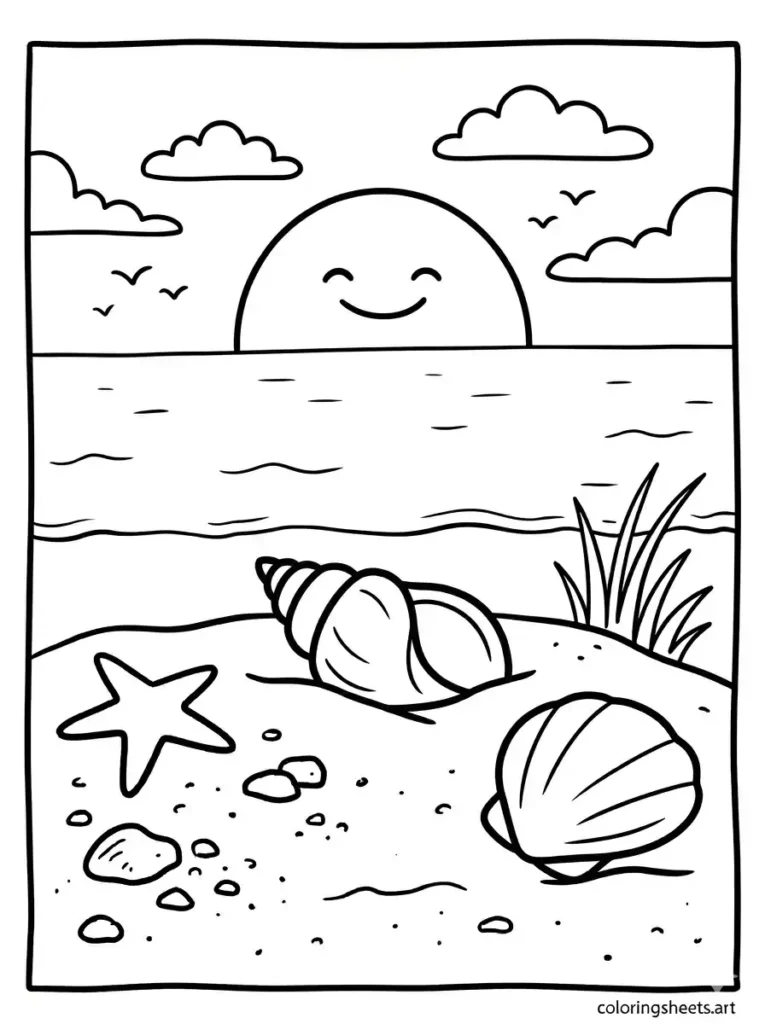 Sunset coloring page with seashells on the shoreline