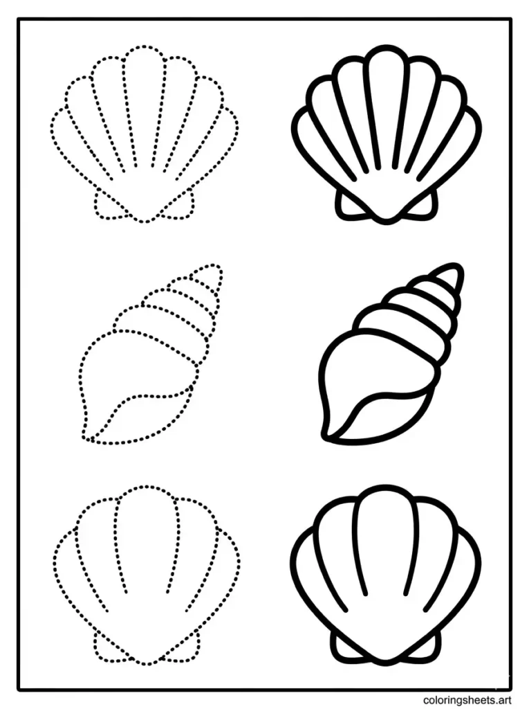 Trace and color seashell shapes activity page for toddlers