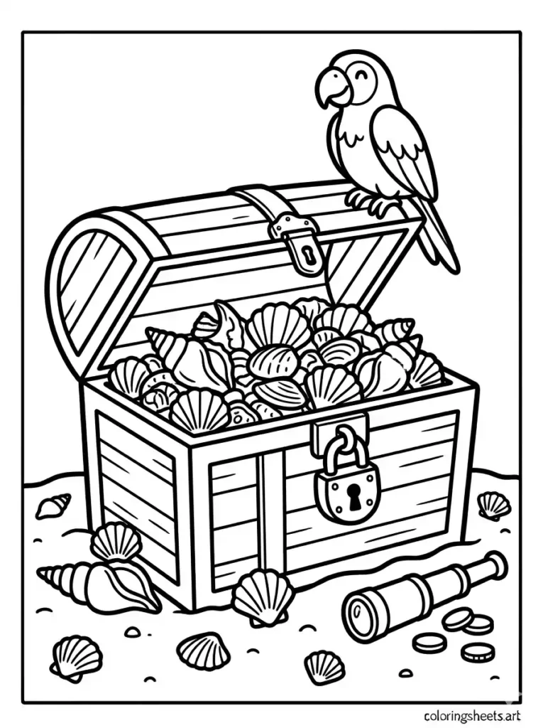 Treasure chest overflowing with seashells coloring page for kids