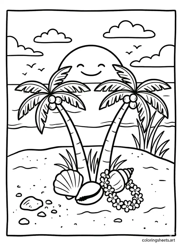 Seashells with tropical palm trees coloring page for kids