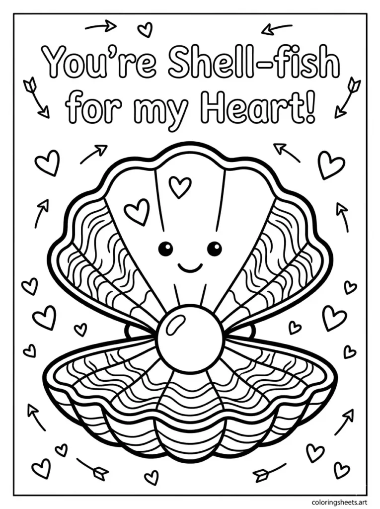 Seashell Valentine's Day card coloring page for kids