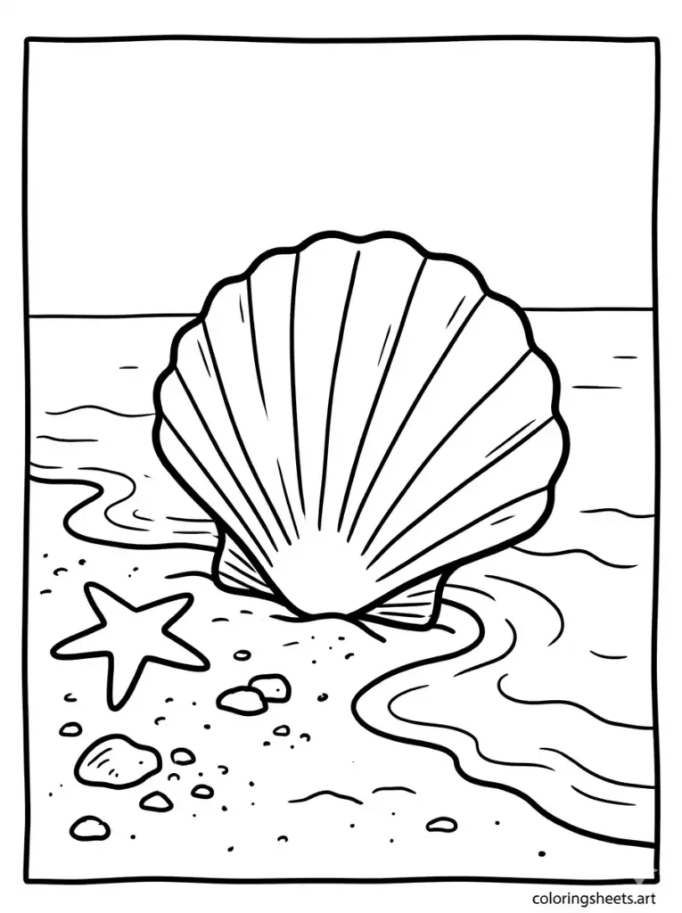 Seashell resting on wet sand with gentle waves coloring page