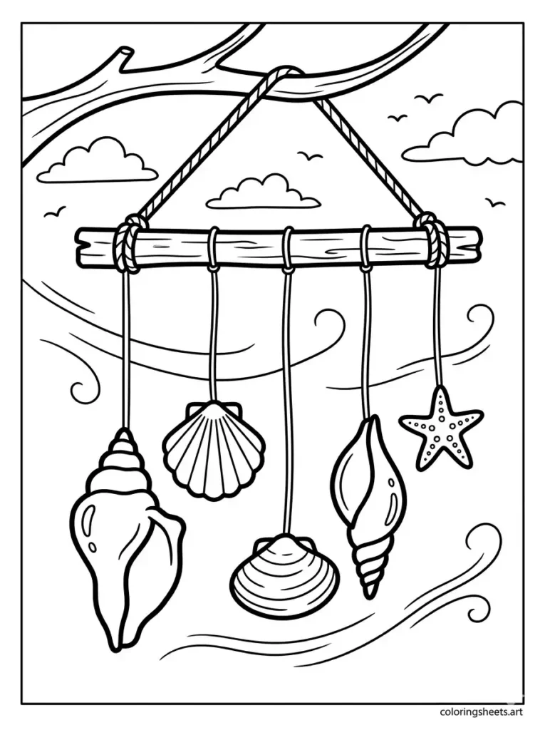 Seashell wind chimes on a cloudy day coloring page for kids