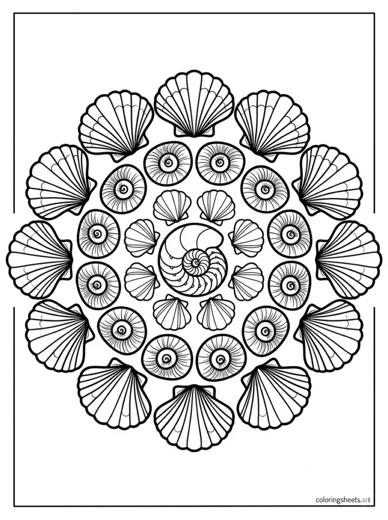 Seashell mandala concentric circles coloring page for adults