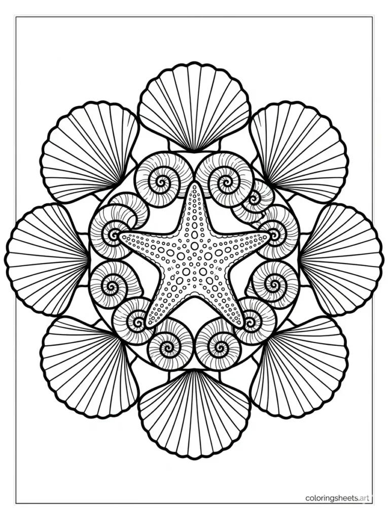 Floral shell mandala coloring page for adults