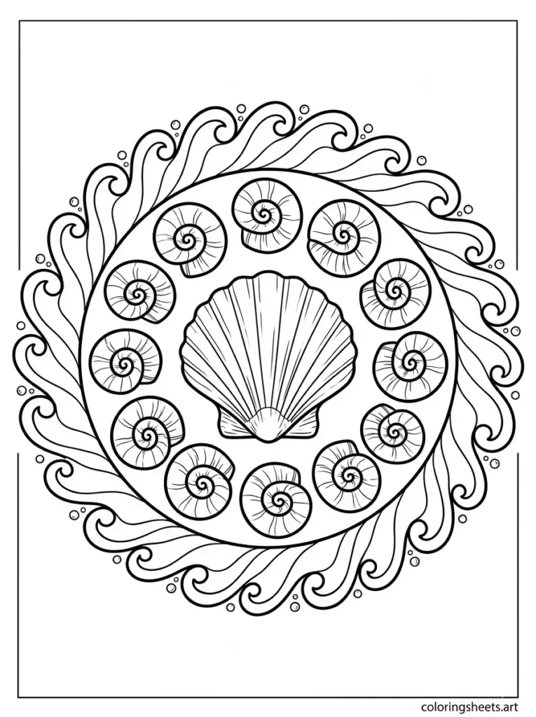Ocean waves and shells mandala coloring page for mindfulness