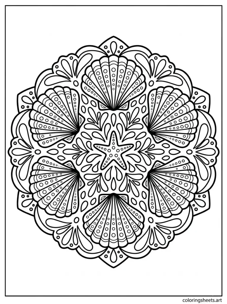 Radial symmetry seashell mandala coloring page for adults