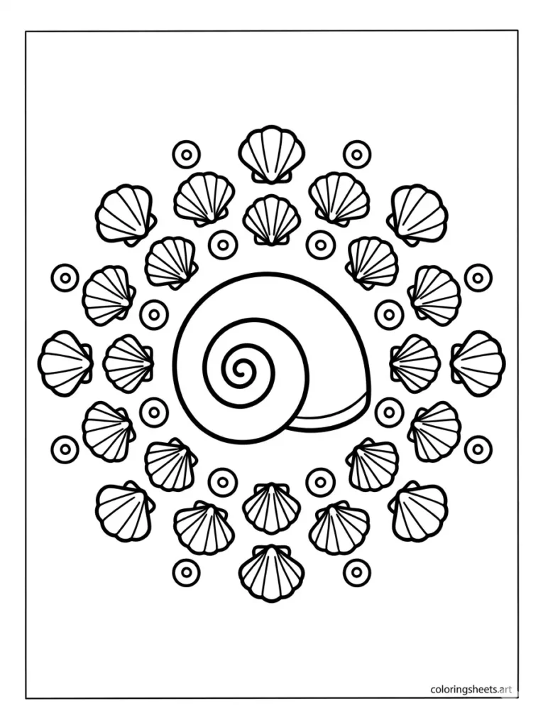 Spiral conch shell mandala coloring page for mindfulness