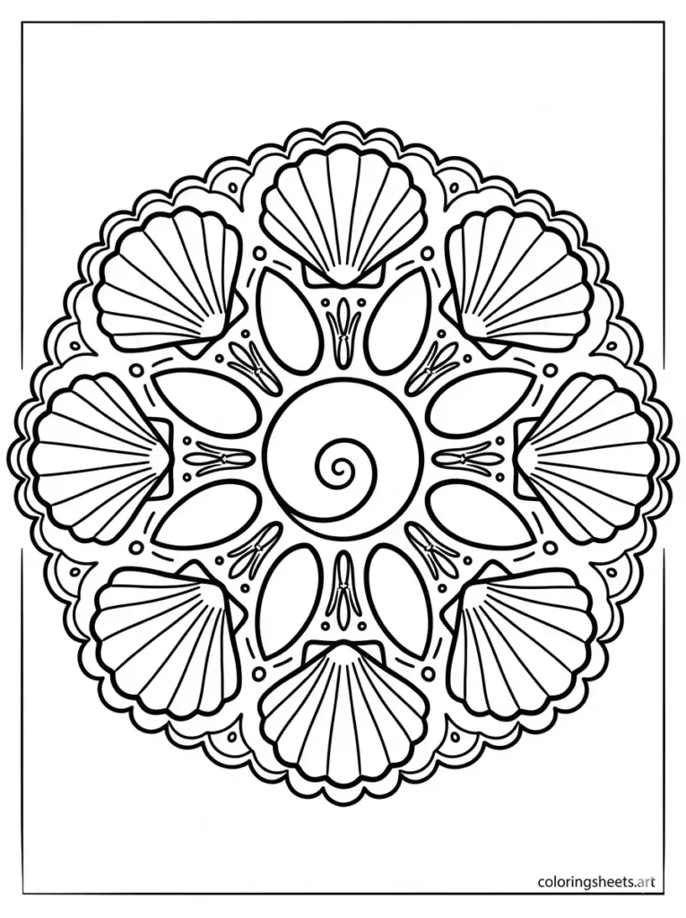 Seashell and teardrop mandala coloring page for creativity