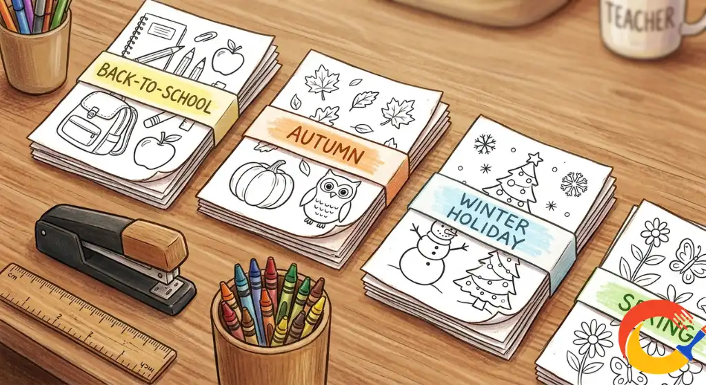A stack of seasonal coloring pages organized by holiday for classroom use