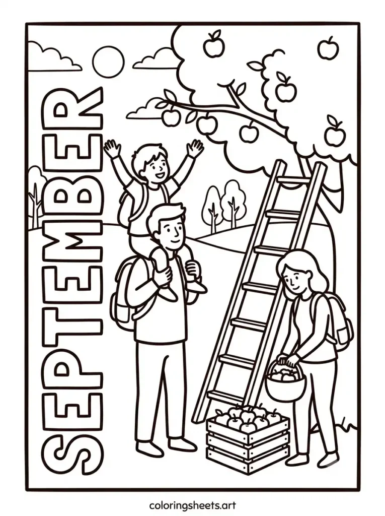 September coloring page family apple picking at orchard