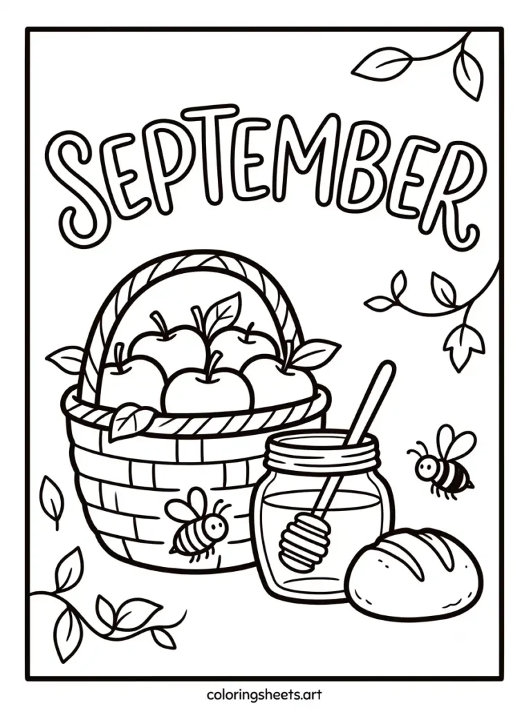 September coloring page apples and honey basket for kids