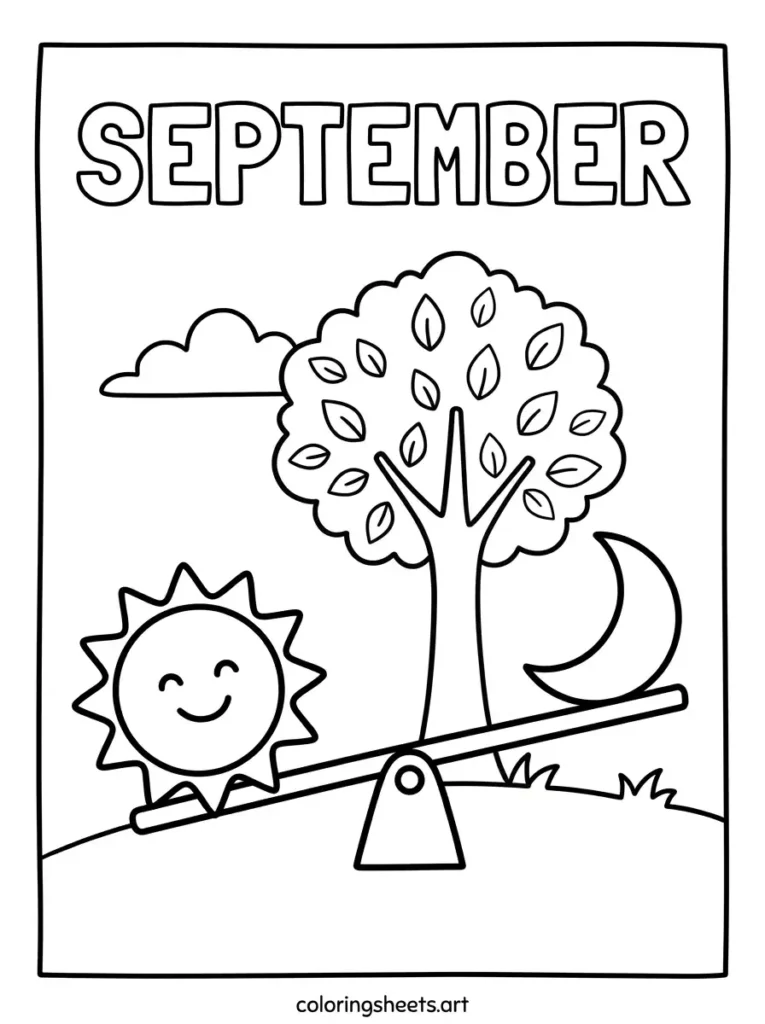 September coloring page autumn equinox sun and moon seesaw