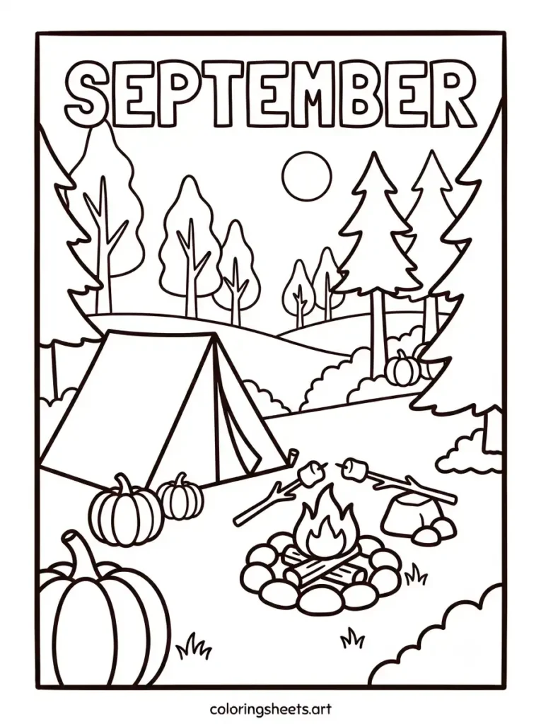 September coloring page campfire camping trip scene