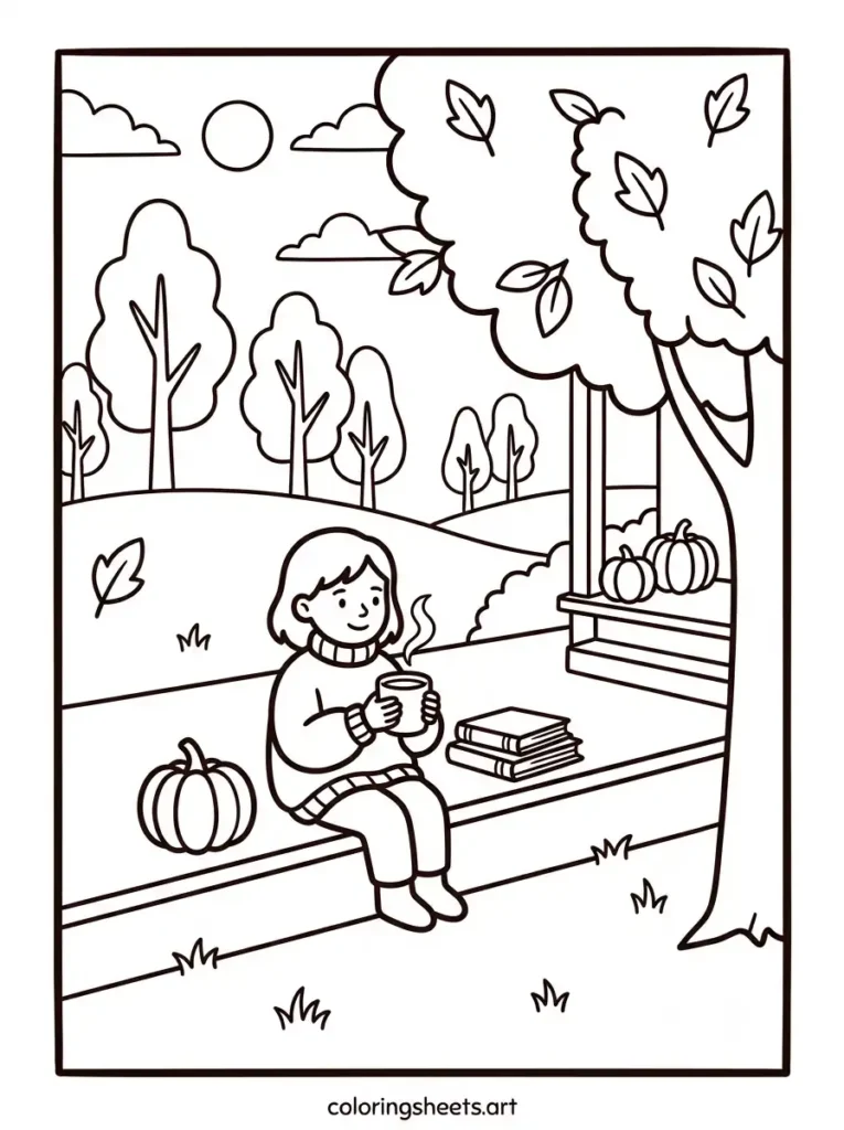 September coloring page child in sweater drinking apple cider