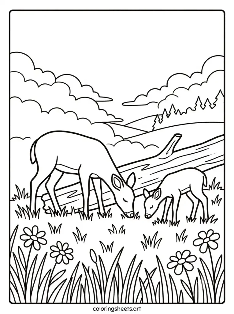September coloring page deer and fawn in foggy meadow
