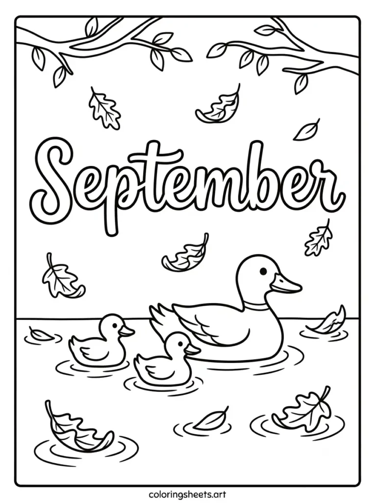 September coloring page ducks on pond with falling leaves