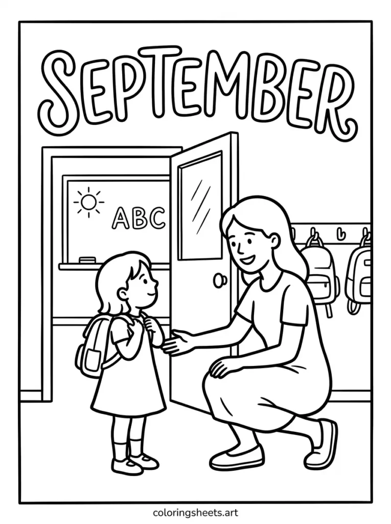 September coloring page first day of school classroom scene
