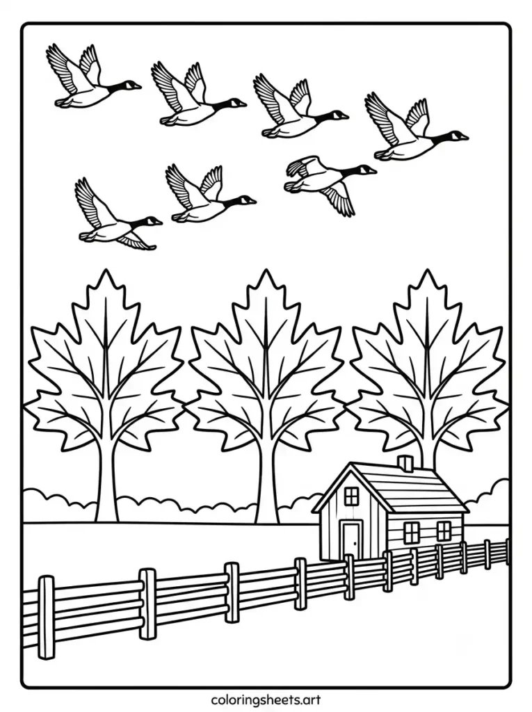September coloring page geese flying south over farmhouse