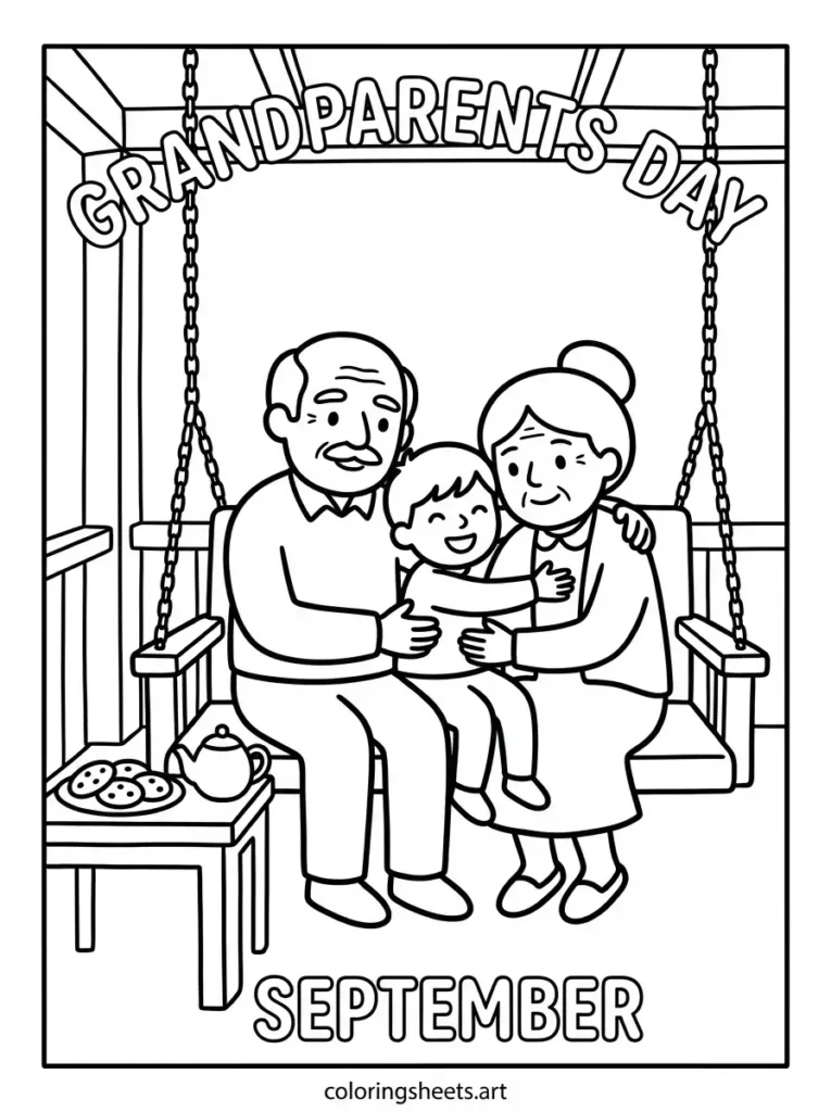 September coloring page Grandparents Day child hugging grandparents