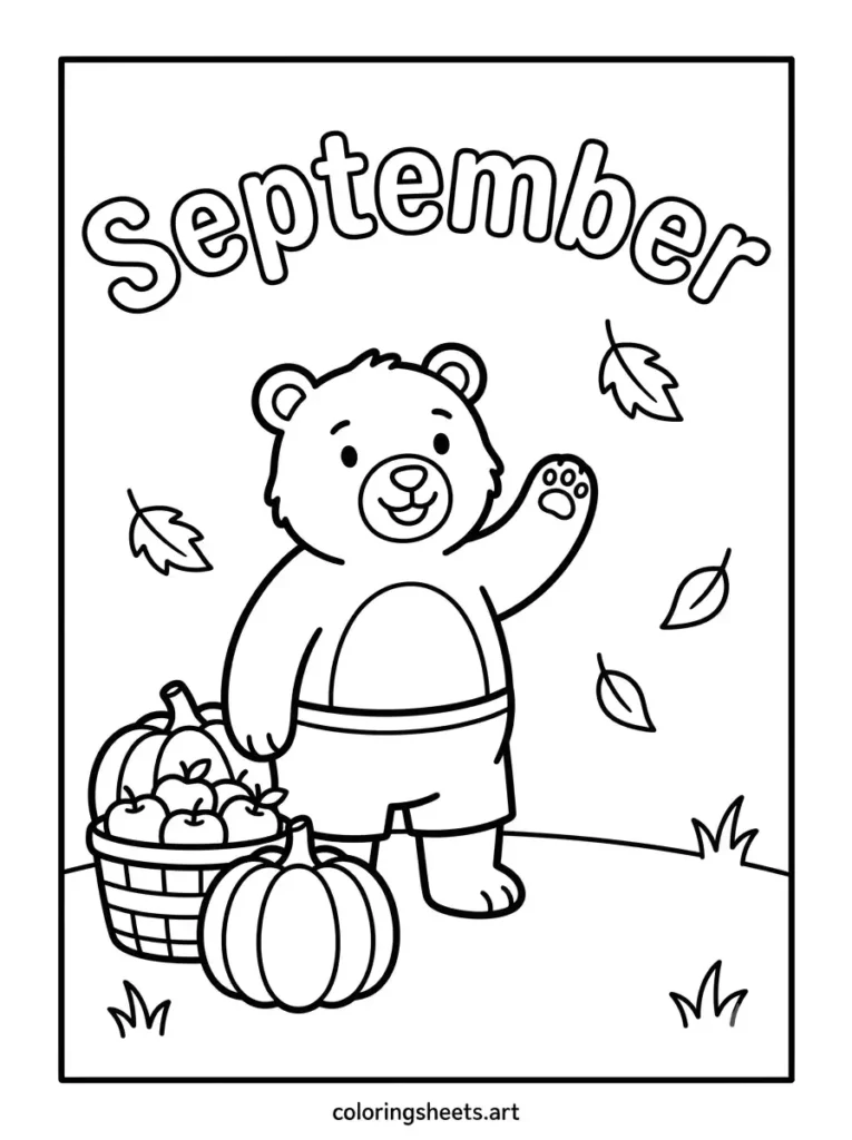 Hello September coloring page bear with pumpkins and apples
