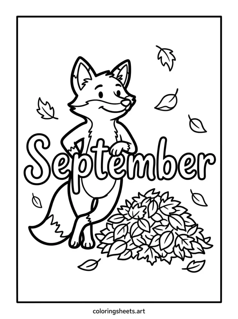 Hello September coloring page fox with falling leaves