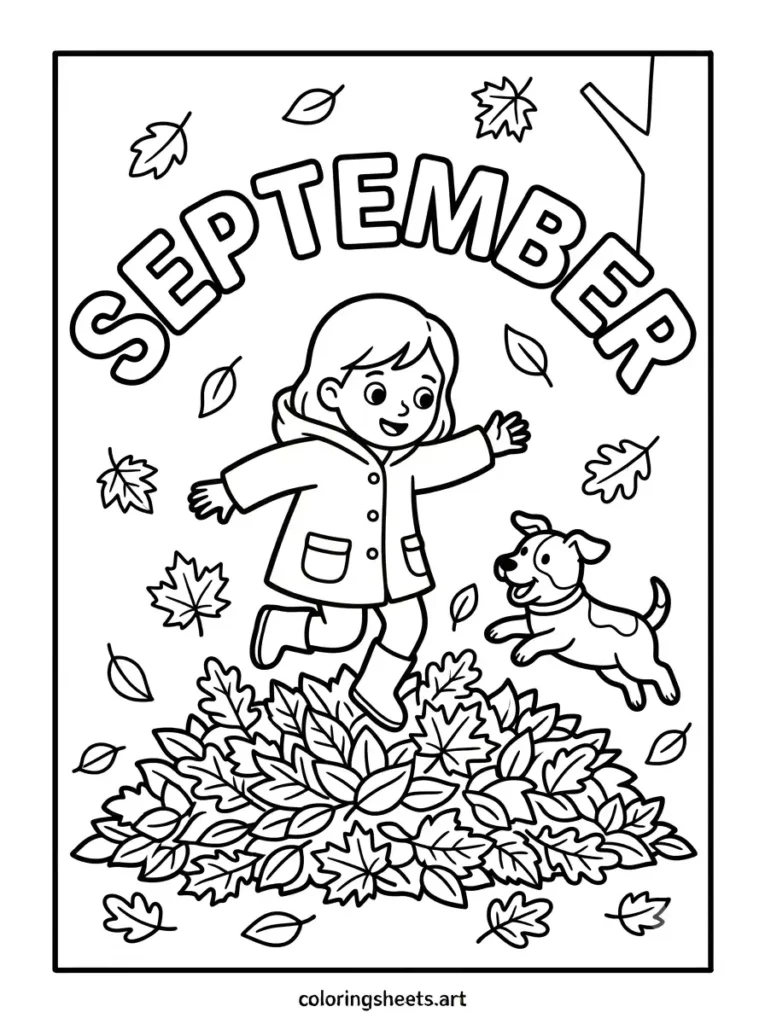 Hello September coloring page girl jumping in leaves with dog