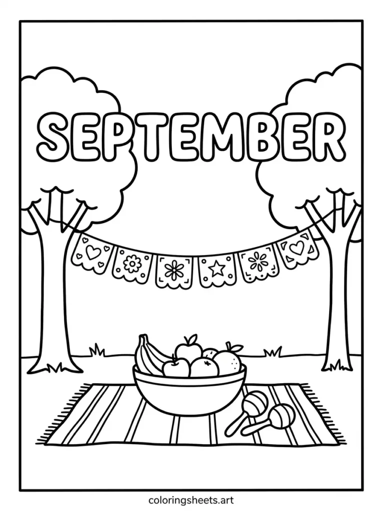 September coloring page papel picado banners Hispanic Heritage Month