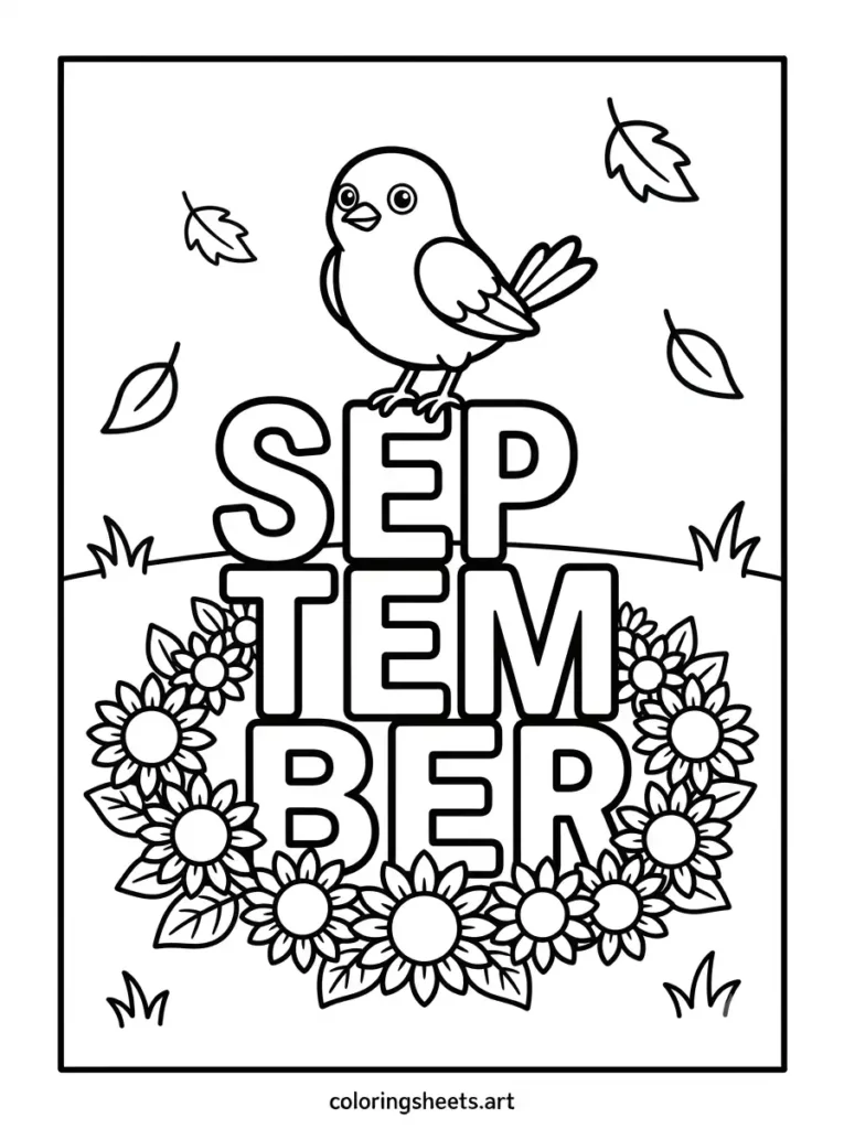 I Love September coloring page bird with sunflowers