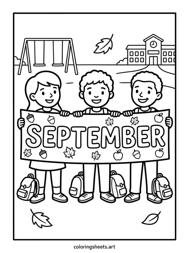 I Love September coloring page kids holding banner in schoolyard