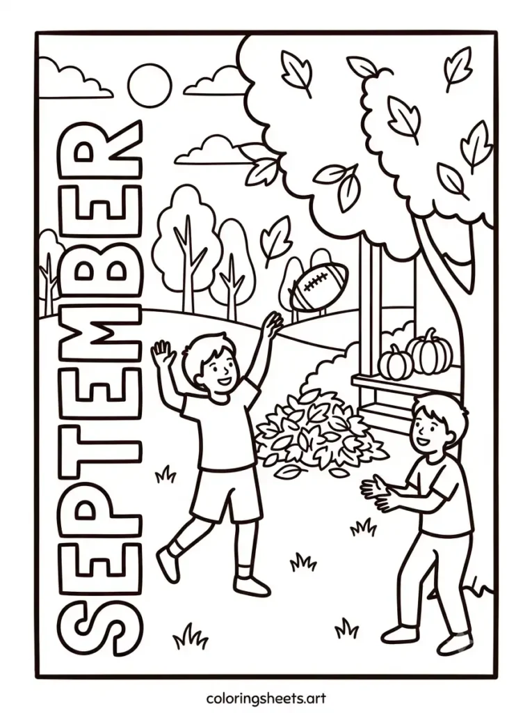 September coloring page kids playing football in backyard
