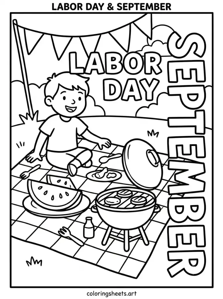 September coloring page Labor Day picnic scene for kids