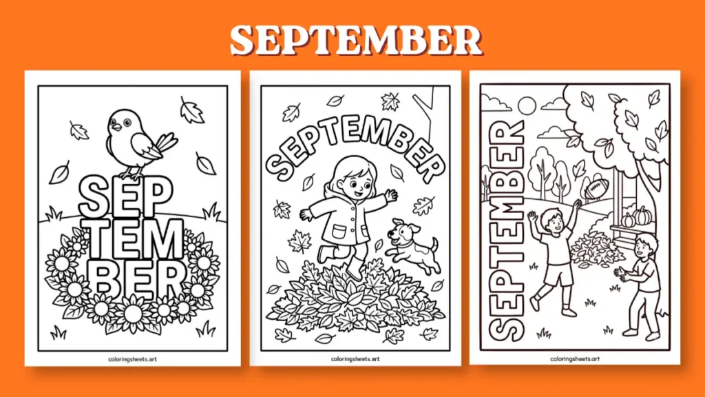 printable September coloring pages for kids featuring a bird on sunflowers, a girl jumping in leaves with a dog, and kids playing football outdoors.