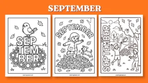 printable September coloring pages for kids featuring a bird on sunflowers, a girl jumping in leaves with a dog, and kids playing football outdoors.