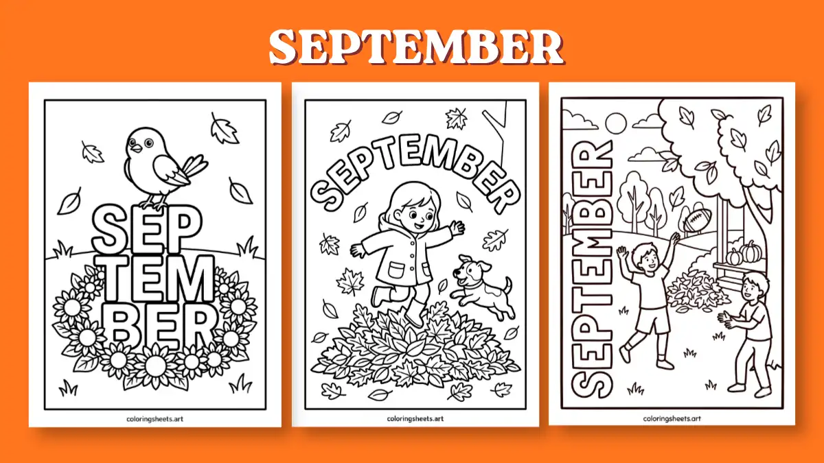 printable September coloring pages for kids featuring a bird on sunflowers, a girl jumping in leaves with a dog, and kids playing football outdoors.