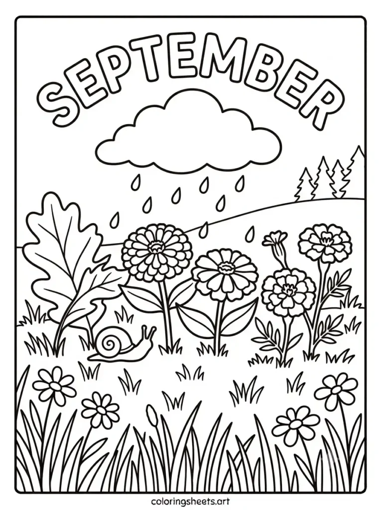 September coloring page rain shower over flower garden