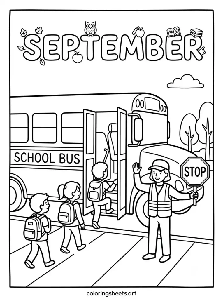 September coloring page school bus back to school scene