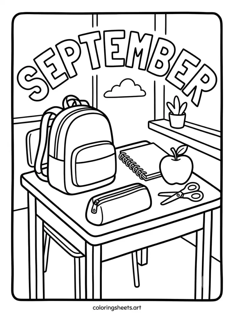 September coloring page school supplies on a desk
