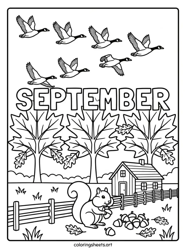 September coloring page squirrel gathering acorns under oak tree