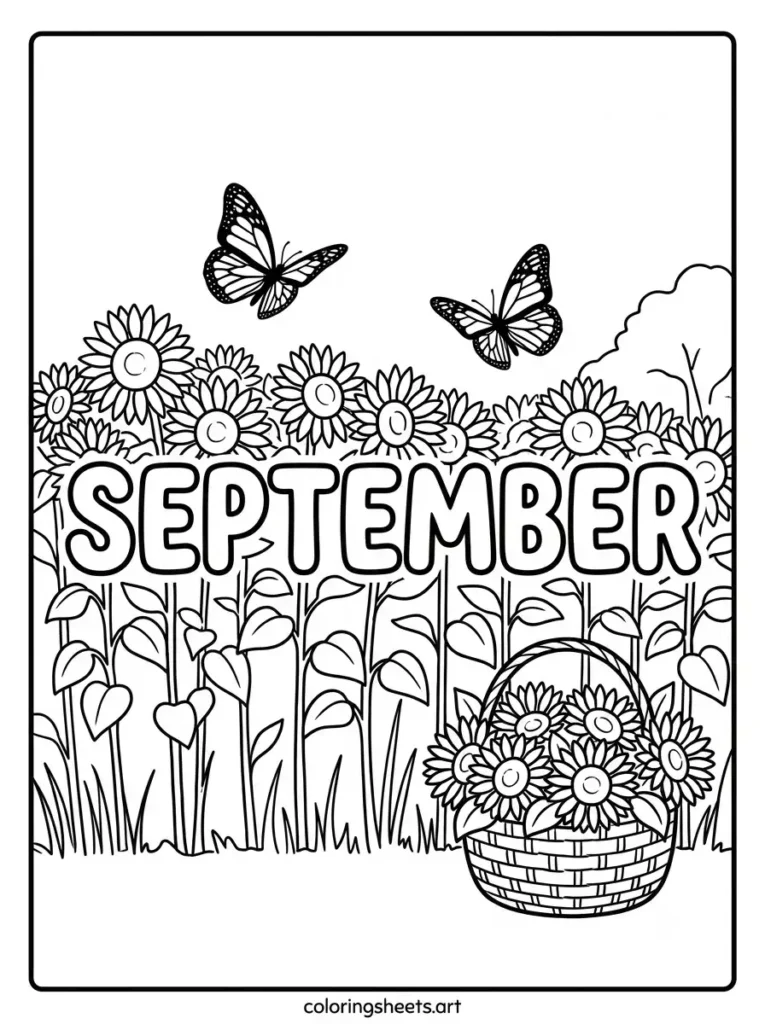 September coloring page sunflower field with monarch butterflies for kids