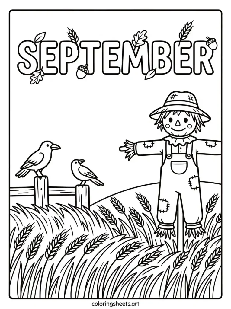 September coloring page scarecrow in windy wheat field