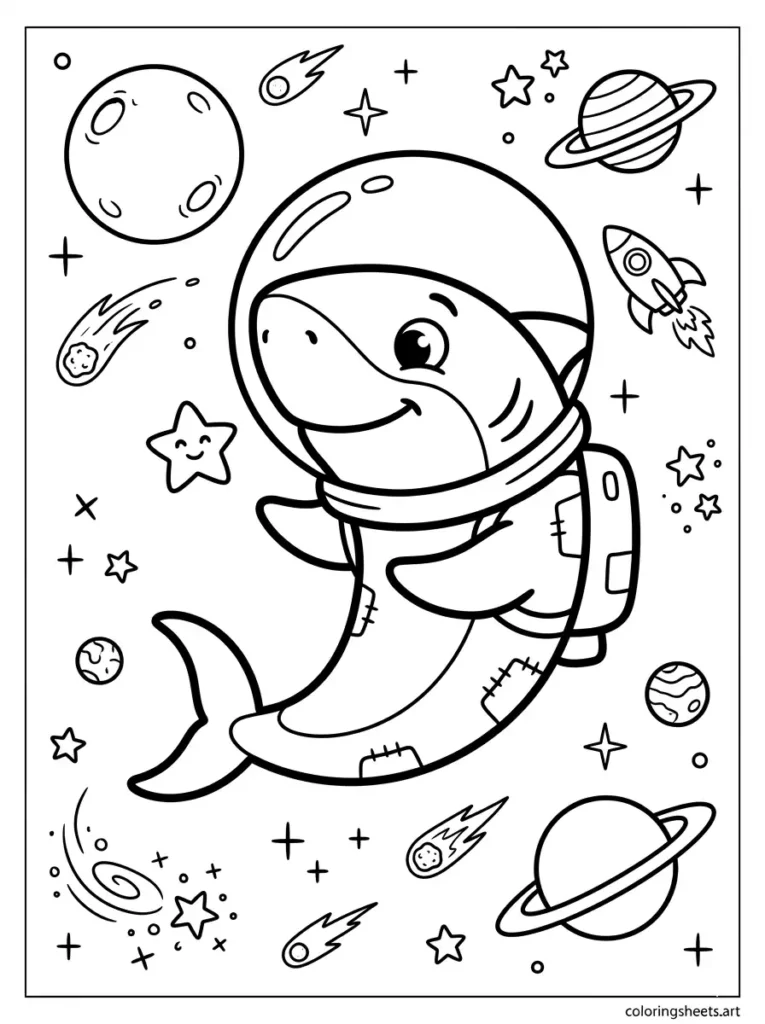 Shark wearing astronaut helmet in space coloring page for kids