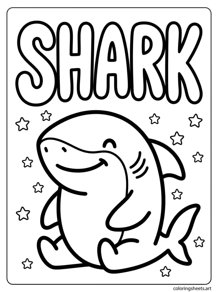 Shark with big bubble letter name coloring page for toddlers printable